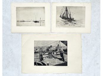 A Trio Of Unframed Antique Etchings, Some Signed