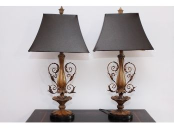 A Pair Of Vintage Lamps With Leather Shades By Horchow Furniture