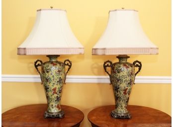 A Pair Of Ceramic Butterfy-Motif Lamps With Bronze Fittings By Horchow Furniture