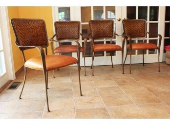 A Set Of 4 Brushed Steel Chairs With Leather Seats And Cane Backs By ABC Carpet & Home