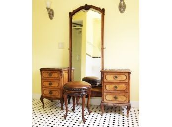 A Marble Top Mirrored Vanity By ABC Carpet & Home And Leather Stool By Theodore Alexander