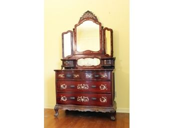 A Gorgeous 19th Century Chinoiserie Mirrored Vanity/Chest With Ivory Inlay