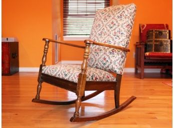 An Antique Turned Pine Upholstered Rocking Chair