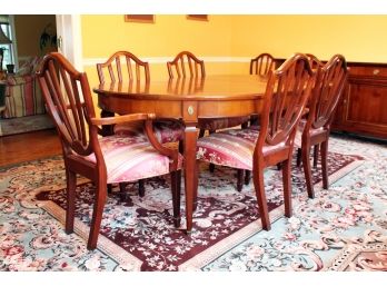 A Set Of 8 Hepplewhite Dining Chairs And Inlaid Marquetry Table By Baker Furniture In Scalamandre Silk