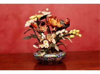 Vintage Colored Glass Bonzai In Enameled Brass Bowl