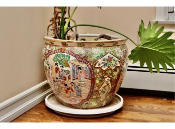 Asian Enameled Porcelain CLOISONNE Jardiniere With Monstera Deliciosa Plant