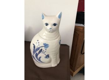 Blue & White Cat Cookie Jar Made In The USA