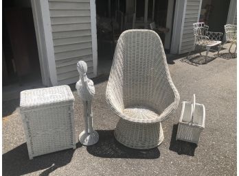 White Wicker Chair, Hamper, Magazine Rack, Bird Cup Holder