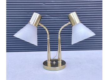 Vintage Brass And Glass Shade Double Gooseneck Table Lamp