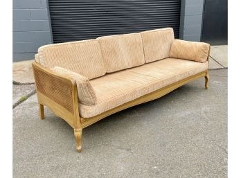 Vintage Wood Frame Sofa With Cane Sides - Amazing Upholstery!