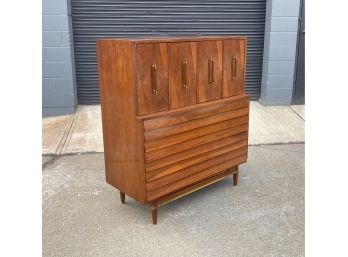 Mid Century American Of Martinsville Walnut And Brass Tallboy Dresser By Merton Gershun