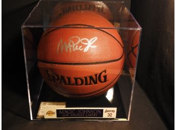 Signed HOFer Magic Johnson Full Size Basketball In Mirrored Case With COA