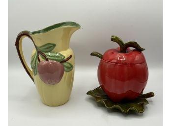 Vintage Ceramic Apple Bowl W/ladle & Under Plate & Apple Pitcher