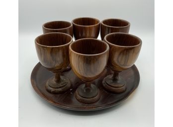 6 Wood Wine Glasses W/Tray