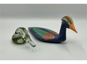 Wood Duck Signed Cesuto? And Glass Duck Paperweight