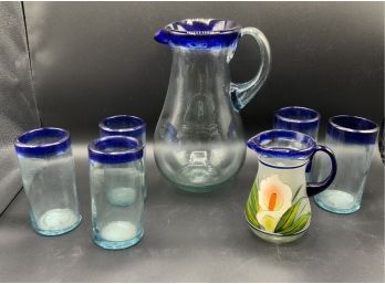 Glass Pitcher W/Blue Rim & 5 Glasses