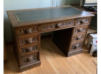 Beautiful Oak Carved Desk With Leather Top  ~ Figural Handles ~