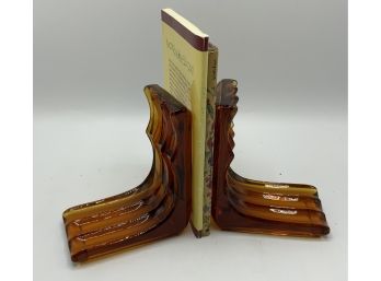 Vintage Amber Glass Bookends ~stolzle Hermanova ~ Excellent Condition