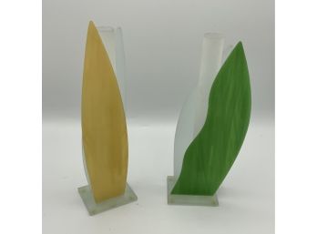 Interesting Morin-Choiniere Bud Vases ~ Yellow & Green ~  Made In Canada