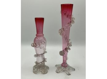 2 Bud Vases W/Applied Design