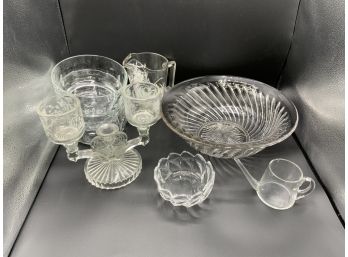 Large Glass Lot Including Triple Candleabra With Two Votive Inserts