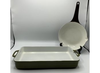 Vintage Cast Iron Enamel Rectangular Lasagna Pan & Brown Cast Iron Enamel Frying Pan