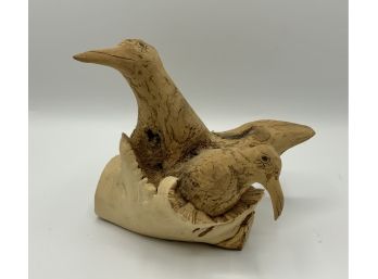 Carved Wood Bird Nest W/Birds