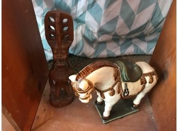 Ceramic Horse And African Woodcarving