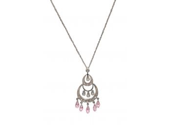 Stamped 14K White Gold With Diamonds 5 Semi Precious Pink Stones 18 In. Length