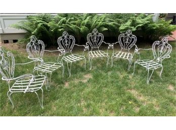 Lot Of 6 FABULOUS Antique Vintage  Unique Fleur-de-Lis Design Ornate White Wrought Iron Patio Chairs