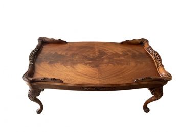 Vintage Ornate Scrolled Bookmatched Mahogany Coffee Table - 38 In. L X 20 In. W X 18.5 In. Height