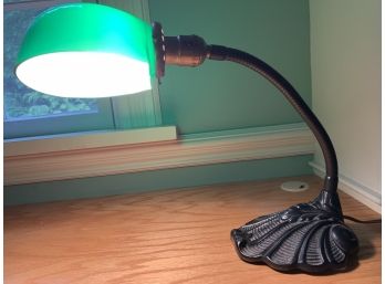 Vtg Black Cast Iron Base With Markings Gooseneck Lamp Green Clamshell Glass Shade Tested Works