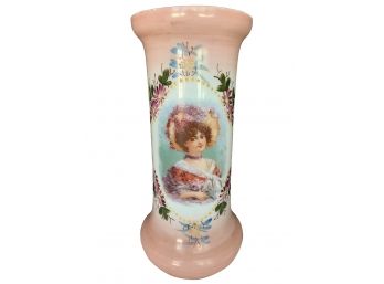 Superb Tall Victorian Hand Painted White Fine Glass Vase With Enamel Detail Features Lady In All Her Finery!