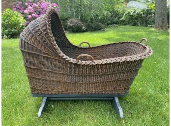 Incredible Late 1800's Era Large 37 In. Antique Wicker Rocking Cradle With Handles On Wooden Base With Rockers