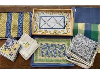 Blue, White & Yellow Table Linens & Coordinating Tiled Tray