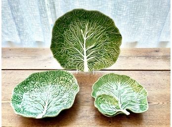 Bordallo Pinheiro Ceramic Cabbage Leaf Low Bowls, Made In Portugal
