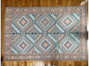 Small Needlework 6' X 4' Carpet In Teal & Salmon With Black Details