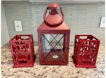 Red Metal Handled Lantern & Two Red Heavy Cast Iron Open Work Lanterns