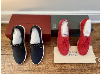 Navy Donald Pliner Stretch Mesh Slip Ons & Eileen Fisher Red Tulip Nubuck Tie Loafers, Size 8 - New