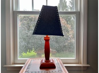Red Wood Side Lamp With Blue Denim White Whip Stitched Detailed Shade