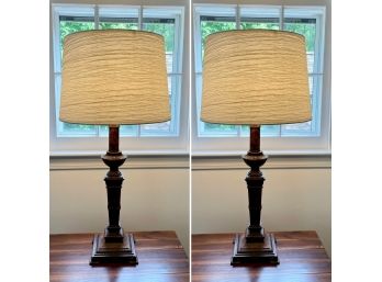 Pair Of Pillar Side Lamps With Crushed Paper Textured Shades