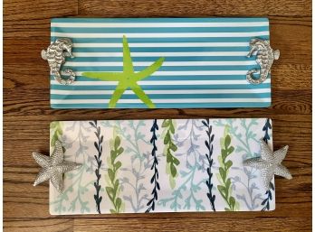 Two Sea Life Themed Mariposa Melamine Trays With Metal Decorative Handles