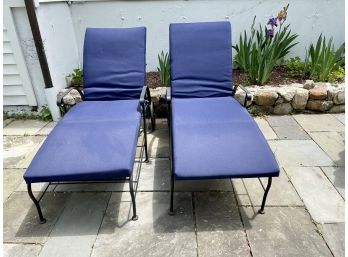 Two Patio Lounge Chairs With Navy Cushions