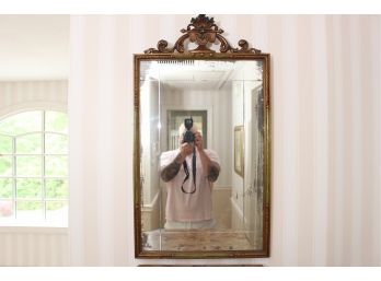 Antiqued And Gilt Carved Wooden Mirror With Ornate Finial