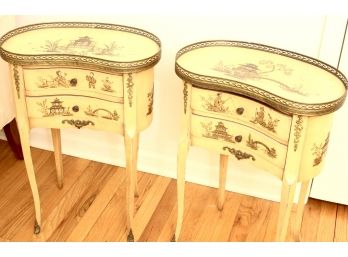 Pair Of Oriental Stenciled Kidney Shaped End Tables With Brass Pierced Gallery To Tops