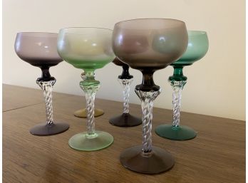 Set Of 6 Vintage Colored Glass Wine Goblets With Twisted Stem