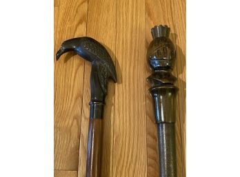 Pair Of Decorative Knight And Crow Handle Walking Sticks