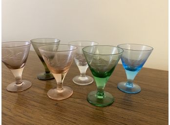 Set Of 6 Vintage Colored Shot Glasses With Etched Design