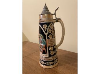 Decorative 2L German Stein With A Raised Floral Pattern And Pewter Cap