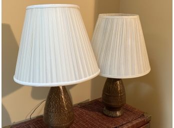 Pair Of Hammered Metal Lamps With Ruched Plastic Shades